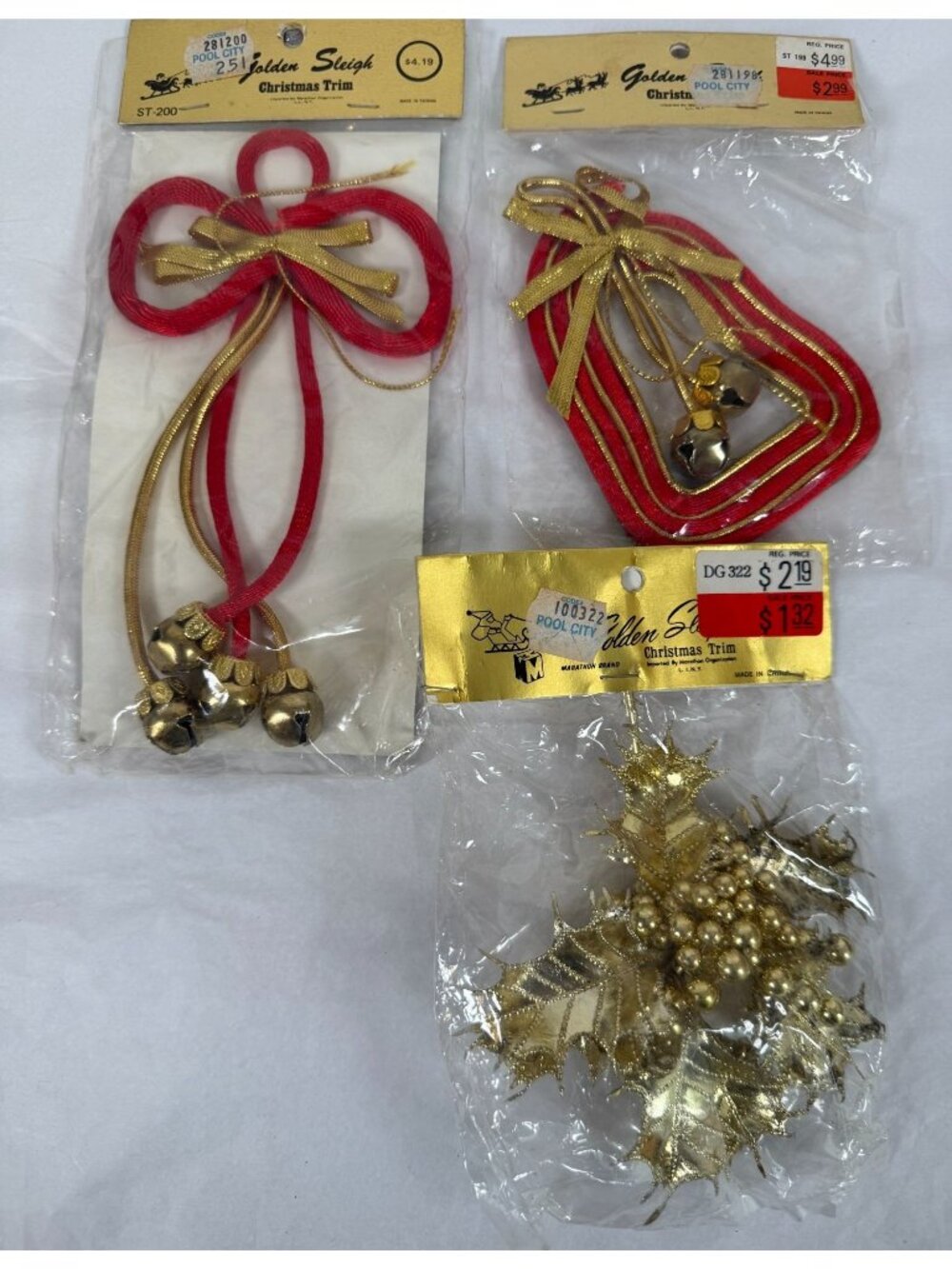 3 Vintage Golden Sleigh Christmas Decorations Red Gold Bows Bells Holly Accents